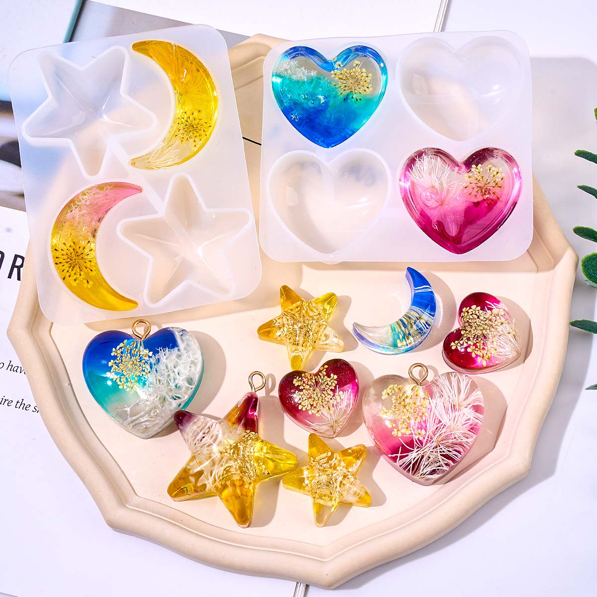Resin Art Mould - Herz-Stern-Mond-Anhänger Silikonform DIY Epoxidharz Schmuckgussformen Halskettenform