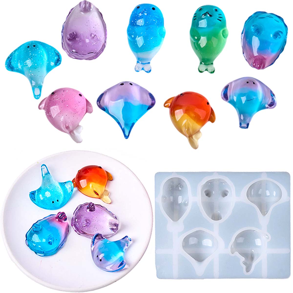 Resin Art Mould - 3D-Heilungs-Silikonform mit Kawaii Manta-Rochen- und Wal-Motiv