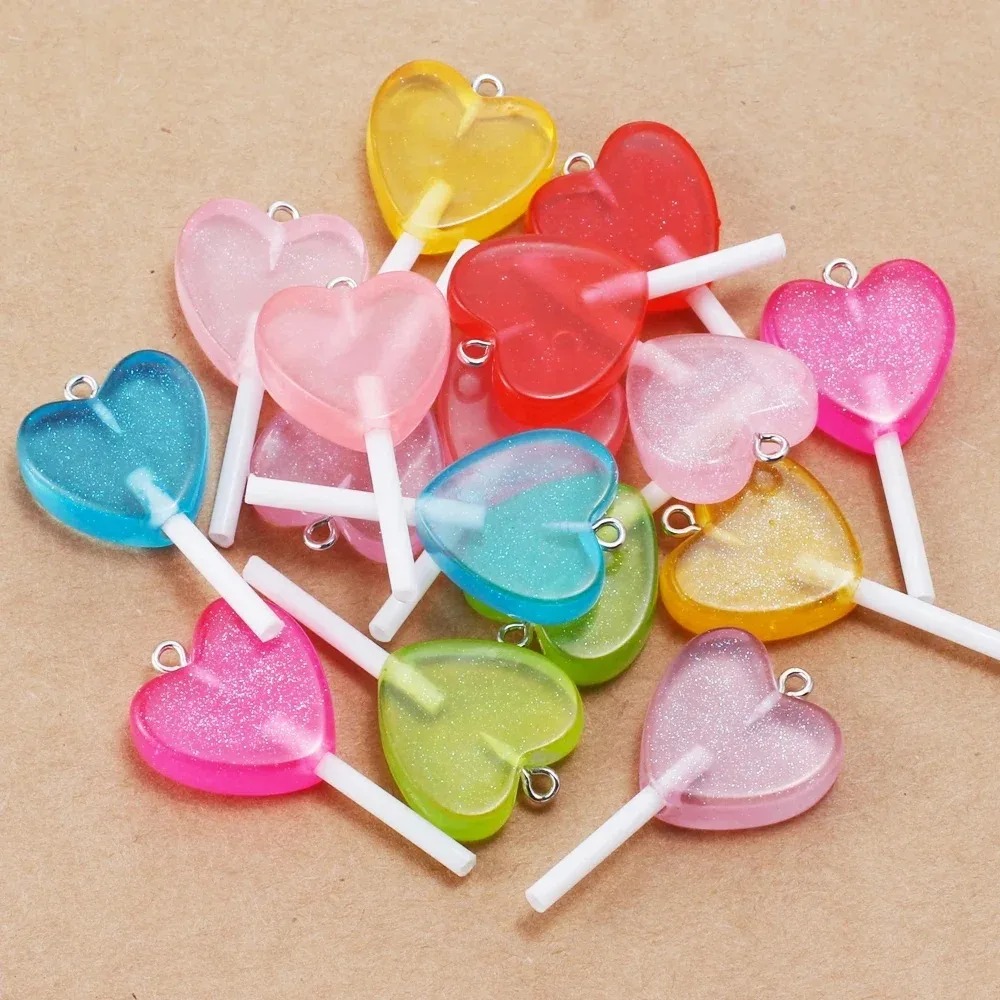Resin Art For Sale - 10 Stück Kawaii Glitzernde Herz-Lollipop-Harzanhänger, Glitzer-Bonbon-Anhänger,